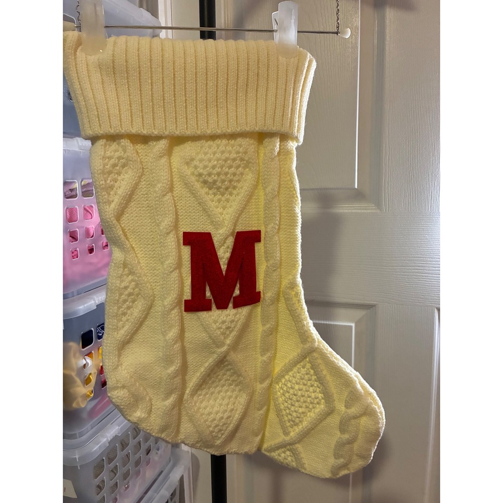 Cream Cable Knit Christmas Stocking Red Letter M Monogrammed Holiday Decor